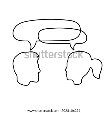 Dialogue between people. Outline the heads of characters. Communication and conversation. Woman and man are talking. Bubble cloud. Outline illustration