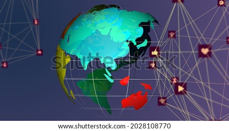 Image of networks of connections with social media icons and globe spinning on purple background. Global social media networking concept digitally generated image.