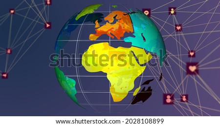 Image of networks of connections with social media icons and globe spinning on purple background. Global social media networking concept digitally generated image.