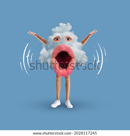 Surprise, shock. Modern design, contemporary art collage. Inspiration, idea, trendy urban magazine style. Big cloud with mouth, eyes, hands and legs on blue colored background. Funny meme emotions Royalty-Free Stock Photo #2028117245