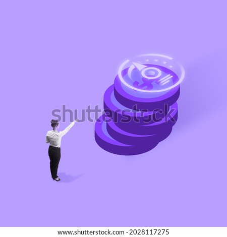 Aimed at money, profit, income. One young businesswoman pointing at huge coin with dollar sign on purple background. Concept of investments, cryptocurrency, mining, trading and sales