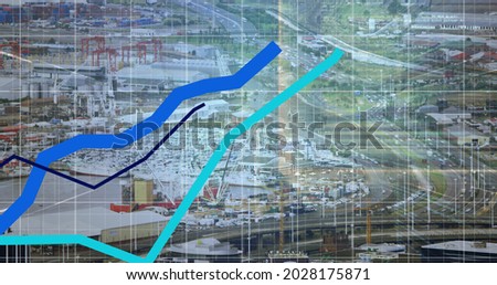 Image of financial data processing with three blue lines over cityscape in the background. Global finance business online security concept digitally generated image.