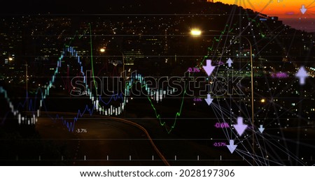 Image of financial data processing with arrows over cityscape and road traffic the background. Global business finance housing market concept digital composite.