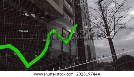 Image of financial data processing with green lines over modern building in the background. Global business finance housing market concept digital composite.