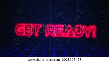 Image of retro Get Ready text glitching over blue and red triangles on white hyperspace effect