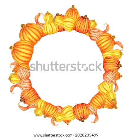 Autumn round frame of yellow pumpkins with place for text. Hand drawn watercolor painting on white background. Illustration for the celebration of Halloween party.