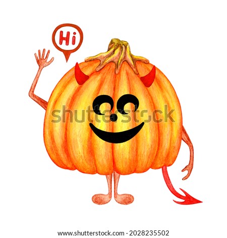 A kind orange pumpkin with devil's horns greets. Hand drawn watercolor painting. Illustration for Happy Halloween holiday on a white background.