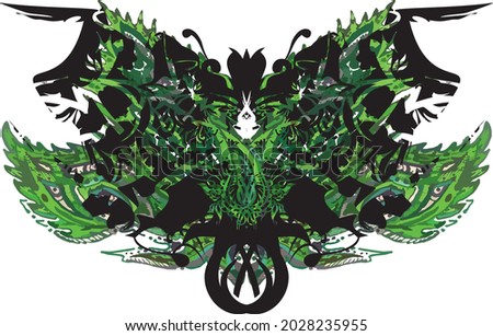 Ornamental butterfly wings in black and green tones on white. Ecological concept of butterfly in the form of nettle leaves for backgrounds and textures, prints and textiles, wallpaper, postcards, etc.