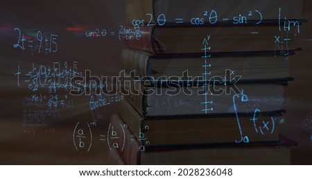 Digital composite image of Mathematical equations and formula moving against stack of books on wooden table. Education and school concept