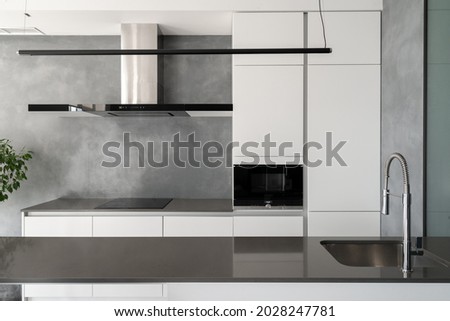 Beautifully appointed modern kitchen with various furniture, built-in appliances, counter with sink and faucet, cupboard with microwave, integrated cooktop with exhaust hood above it Royalty-Free Stock Photo #2028247781