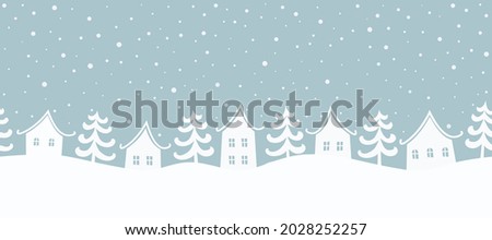 Christmas background. Winter landscape. Seamless border. There are white houses and fir trees on a gray-blue background. Winter village. Vector illustration