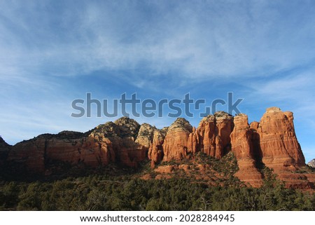 Panoramic view of the red rock mountains in sedona while hiking the teacup trail to coffeepot rock trail. Royalty-Free Stock Photo #2028284945