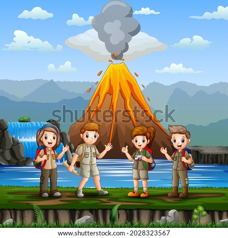 Nature scene with group of scouts and volcano erupt illustration