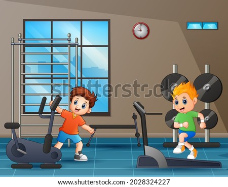 Cartoon illustration of happy boys in the gym