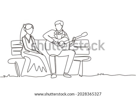 Single continuous line married couple sitting on wooden bench in park. Man playing music on guitar, girl listen and singing together at wedding party. One line draw graphic design vector illustration