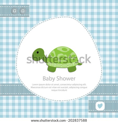 baby shower card for boy.Blue gingham background with turtle.Vector eps10,illustration.