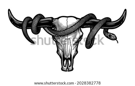 Bull skull and snake. T-shirt print design.