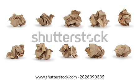 Brown crumpled paper isolated on white background. Set collection