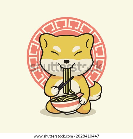 Cute shiba inu dog eating ramen