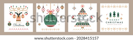 Merry Christmas greeting cards. Set of posters with Christmas toys, tree, deer and inscription. Modern collection of banner with white backdroup. Flat vector illustrations isolated on brown background
