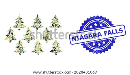 Military camouflage composition of fir forest, and Niagara Falls dirty rosette stamp seal. Blue stamp seal includes Niagara Falls text inside rosette.