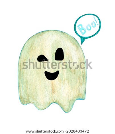 The merry ghost says boo. Hand drawn watercolor painting. Illustration for Happy Halloween holiday isolated on white background.