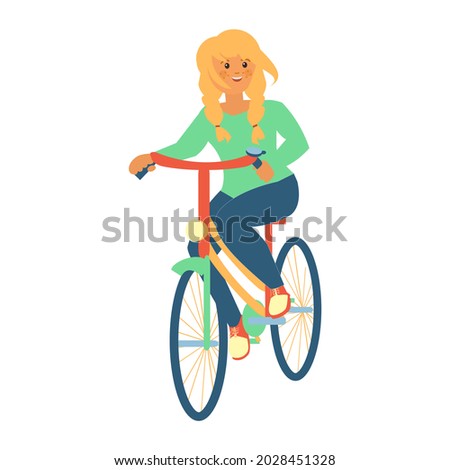 Cycling young woman on bike Flat vector illustration on white background