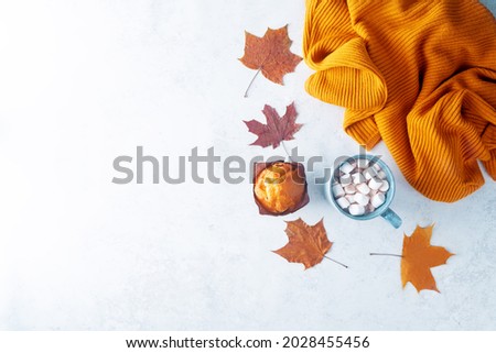Autumn flat lay with a blanket, hot chocolate and a cake. tinting. selective focus