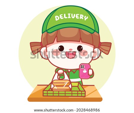 Happy cute girl Delivery food and put in the box banner logo cartoon art illustration