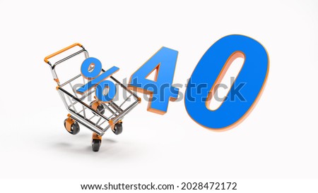 Tiny yellow-colored shopping cart and forty percent discount text. On white-colored background. Horizontal composition with copy space. Isolated with clipping path. 3d render