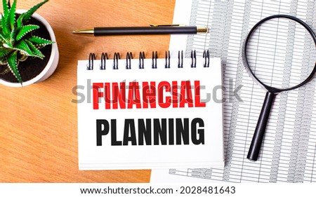 On a wooden table there are reports, a potted plant, a magnifying glass, a black pen and a notebook with the text FINANCIAL PLANNING. Business concept
