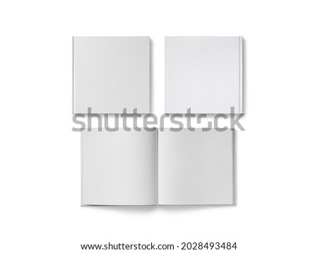 White blank isolated left closed view, right closed view and front opened view square book, magazine, book or notebook template on white background