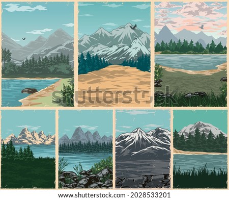 National parks colorful posters collection with flying birds and beautiful nature landscapes in vintage style vector illustration Royalty-Free Stock Photo #2028533201