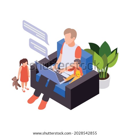 Remote distant work from home isometric composition with man sitting in chair with laptop surrounded by playing children vector illustration