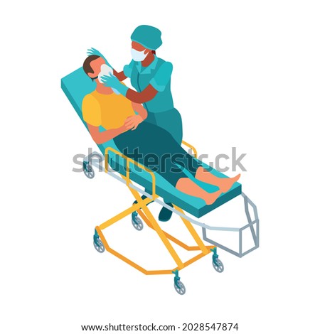 Isometric infectious disease doctor scientist virologist composition with crash cart patient and doctor in masks vector illustration