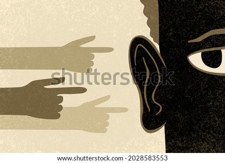 Victim of social bullying. Index fingers pointing at sad depressed person feeling shame, guilty. Vector illustration for society conviction, denunciation, blame, accusing concept Royalty-Free Stock Photo #2028583553
