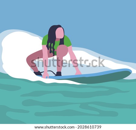 Woman surfing on beach Illustration.