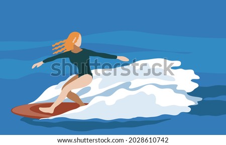 Young woman enjoy surfing, Illustration.