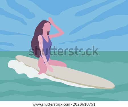 Woman sitting on surf board, Illustration.