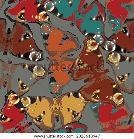 Seamless pattern with colored peacock eye butterflies on a khaki backdrop in retro style. Vector repeating background with stylized butterflies. Suitable for Wallpaper, wrapping paper or fabric