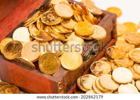gold coins in wooden box 