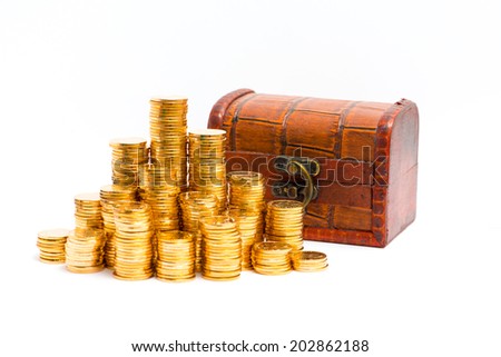 gold coins with wooden box 