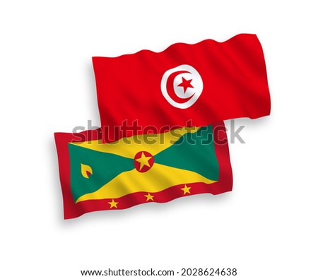 National vector fabric wave flags of Grenada and Republic of Tunisia isolated on white background. 1 to 2 proportion.