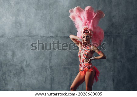 Woman in samba or lambada costume with pink feathers plumage. Royalty-Free Stock Photo #2028660005