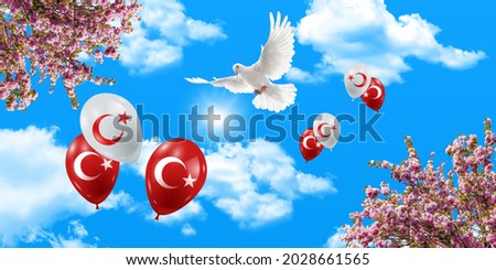 stretch ceiling sky model. flying dove and pink spring flowers in sunny blue sky. red and white turkish flag balloon