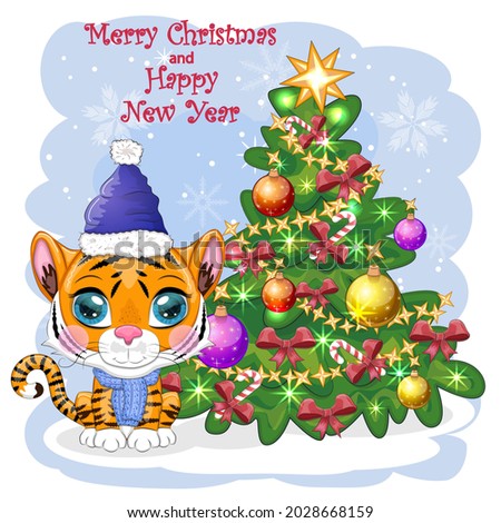 Cartoon tiger in a hat and scarf with a gift near the Christmas tree. Winter time. Children's style, sweetheart. Happy New Year 2022 and Merry Christmas. greeting card
