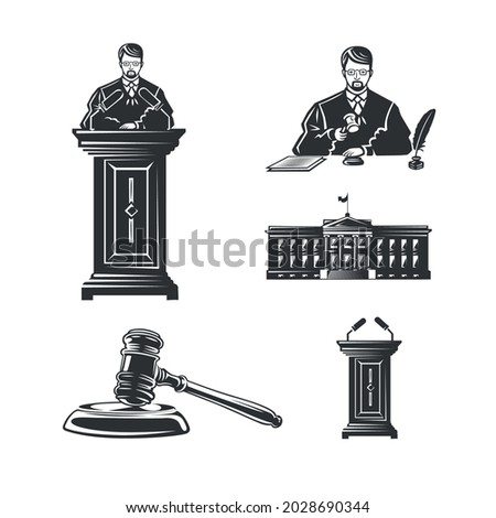 Set of illustrations on the topic: judge justice and law. Black and white illustration on white background.