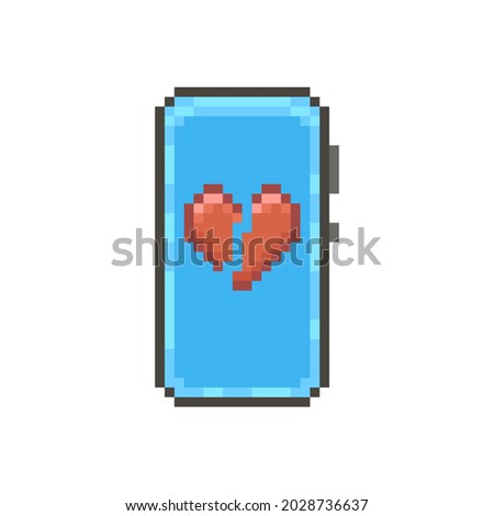 colorful simple flat pixel art illustration of modern smartphone with abstract red broken heart on display