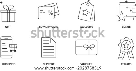 Vector loyalty program icons. Editable stroke symbols. Gift, loyalty card vip exclusive document. Discount shopping stars voucher reward bonus Royalty-Free Stock Photo #2028758519