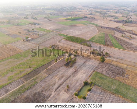 Aerial view, drought conditions after harvesting season,Sugarcane and rice Field Fire. Agriculture fields being burn field after harvested. Drone photography.